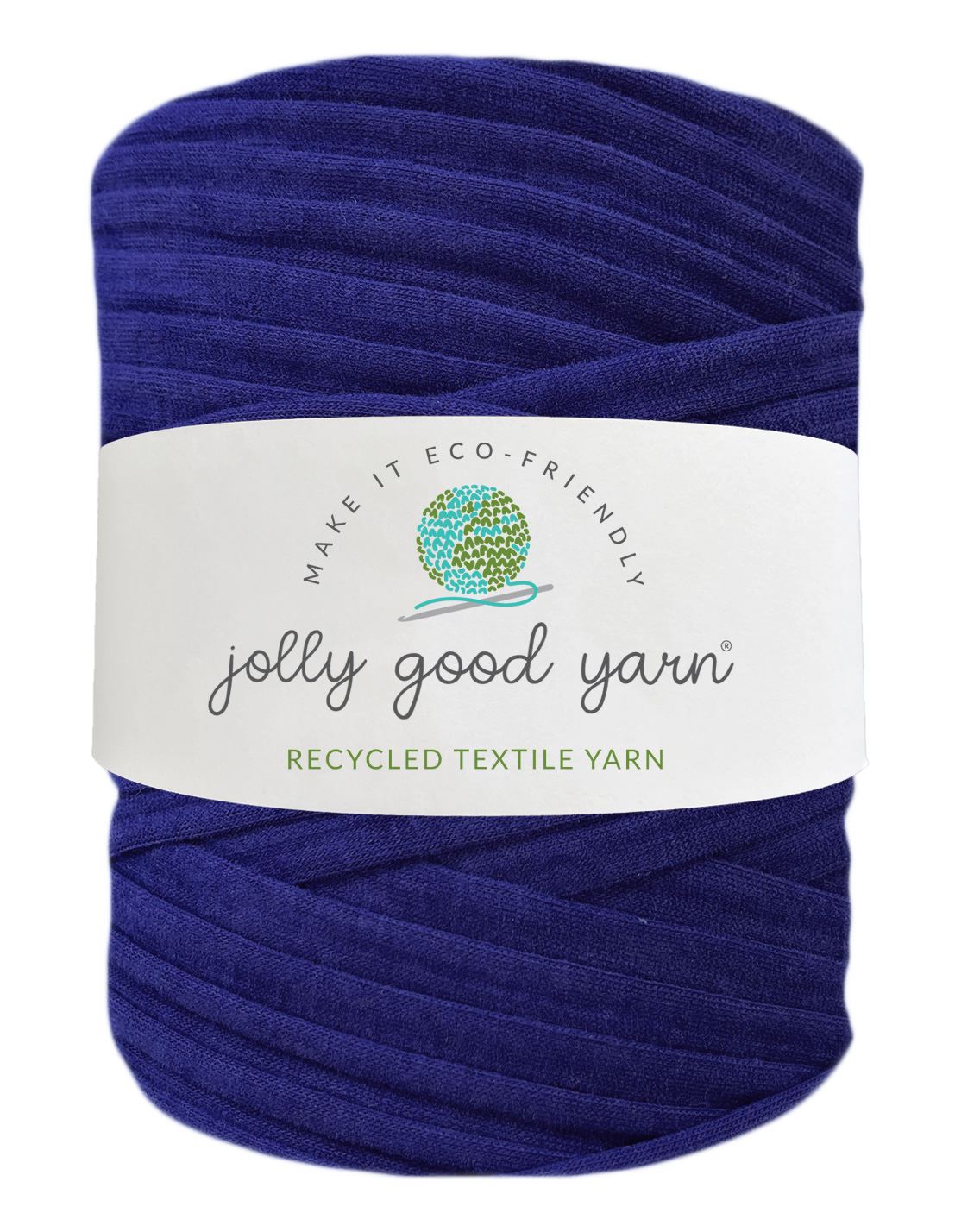 Blue skein of yarn with a 'jolly good yarn' label on a white background