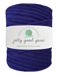 Blue skein of yarn with a 'jolly good yarn' label on a white background