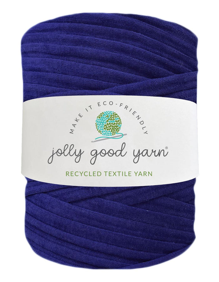 Blue skein of yarn with a 'jolly good yarn' label on a white background